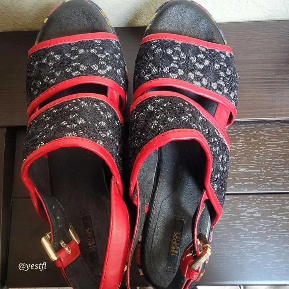 Women's Geox Sandals Size 38 Red/Black rainbow